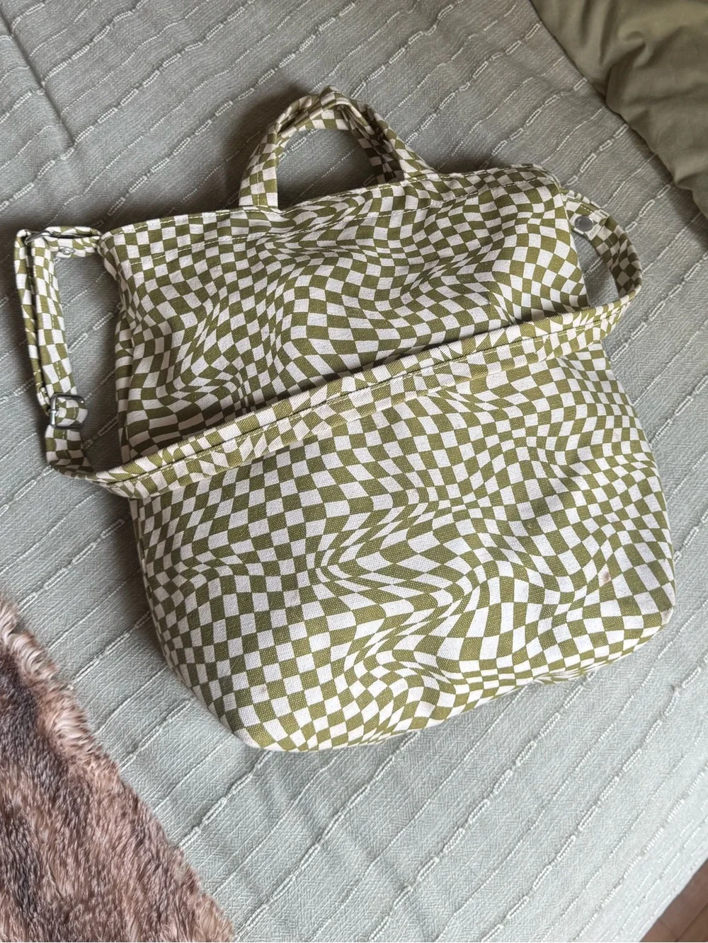Olive Green Checkerboard Canvas Tote Bag by Baggi